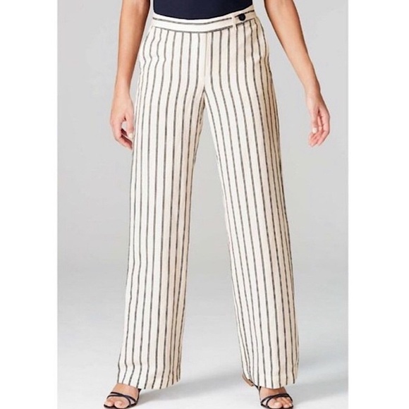 J. Jill Pants - J. Jill Wide Leg Trouser Pants Linen Blend Navy Cream Stripe 10